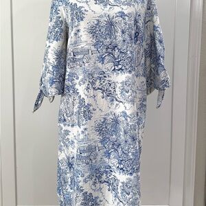 Blue and White Linen mix Floral Print Dress by H&M
